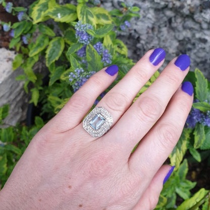 Vintage Aquamarine and Diamond Cluster 18ct Gold Ring