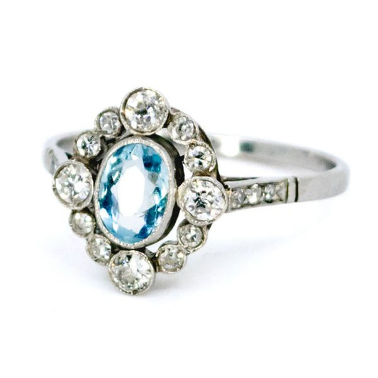 Vintage Aquamarine and Diamond Cluster Platinum Ring