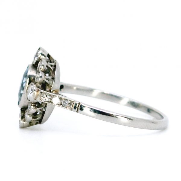 Vintage Aquamarine and Diamond Cluster Platinum Ring