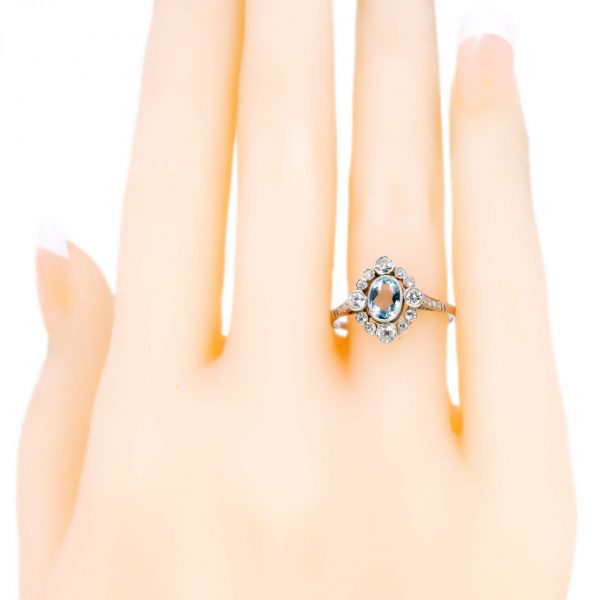 Vintage Aquamarine and Diamond Cluster Platinum Ring