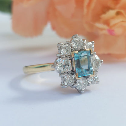 Vintage Aquamarine and Diamond Cluster Ring