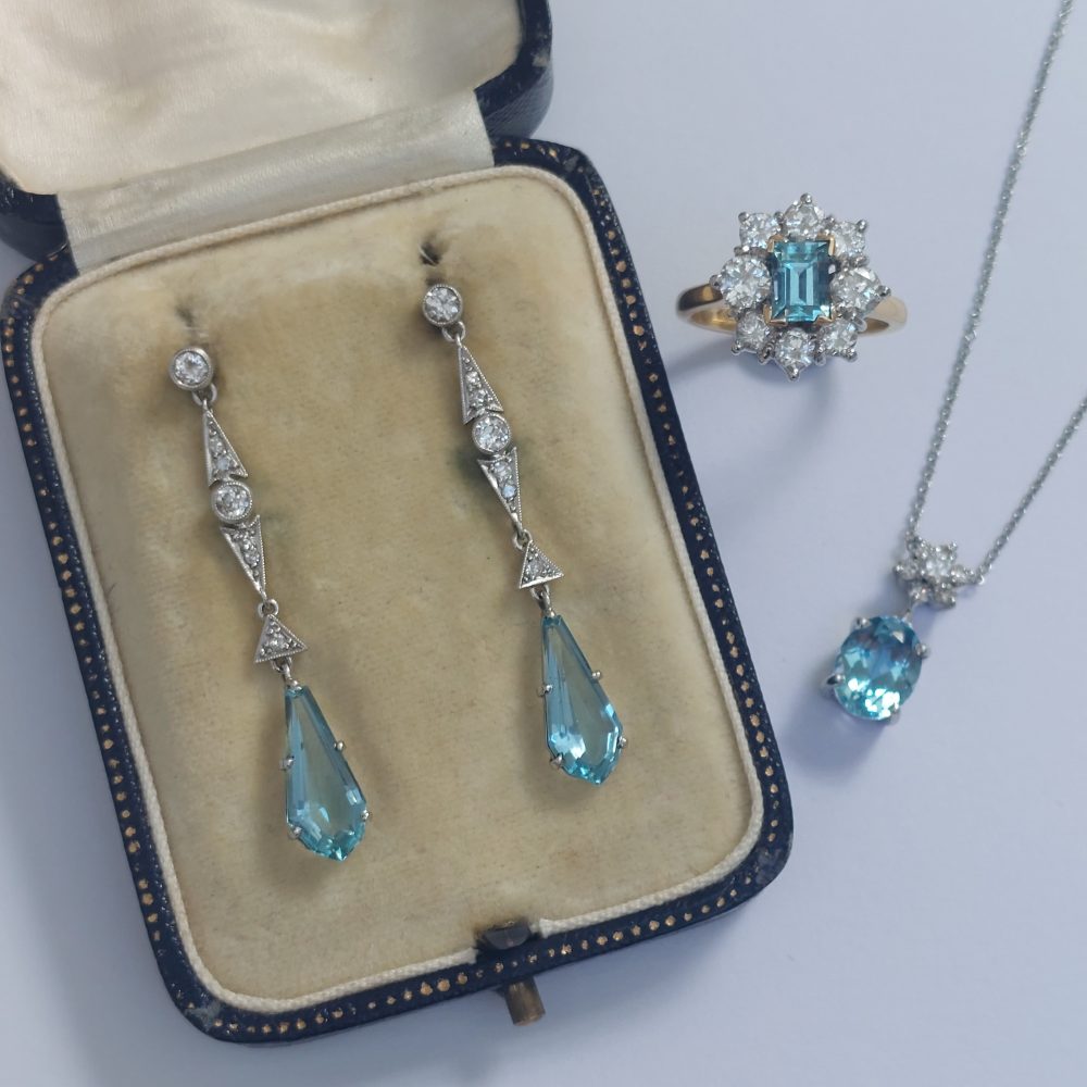 Vintage Aquamarine and Diamond Drop Earrings