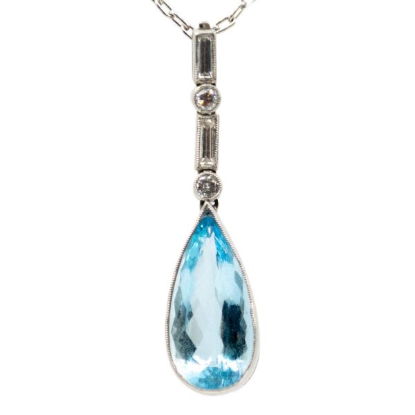 Vintage Aquamarine and Diamond Platinum Pendant BB1