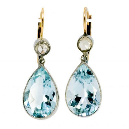 Vintage Aquamarine and Rose Cut Diamond Gold Earrings