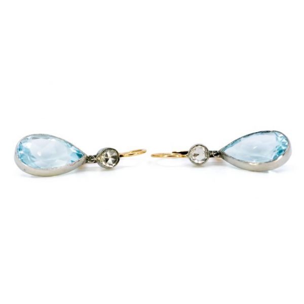 Vintage Aquamarine and Rose Cut Diamond Gold Earrings