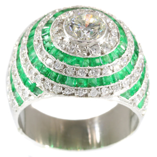 Vintage Art Deco Bombé Emerald Diamond Platinum Ring