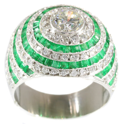 Vintage Art Deco Bombé Emerald Diamond Platinum Ring