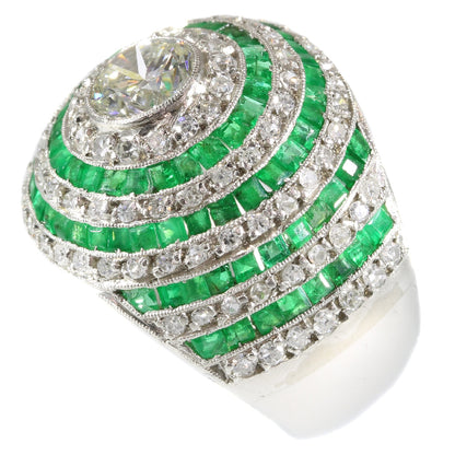 Vintage Art Deco Bombé Emerald Diamond Platinum Ring