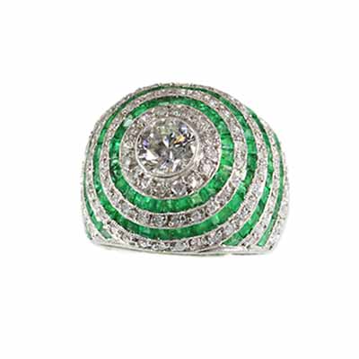 Vintage Art Deco Bombé Emerald Diamond Platinum Ring