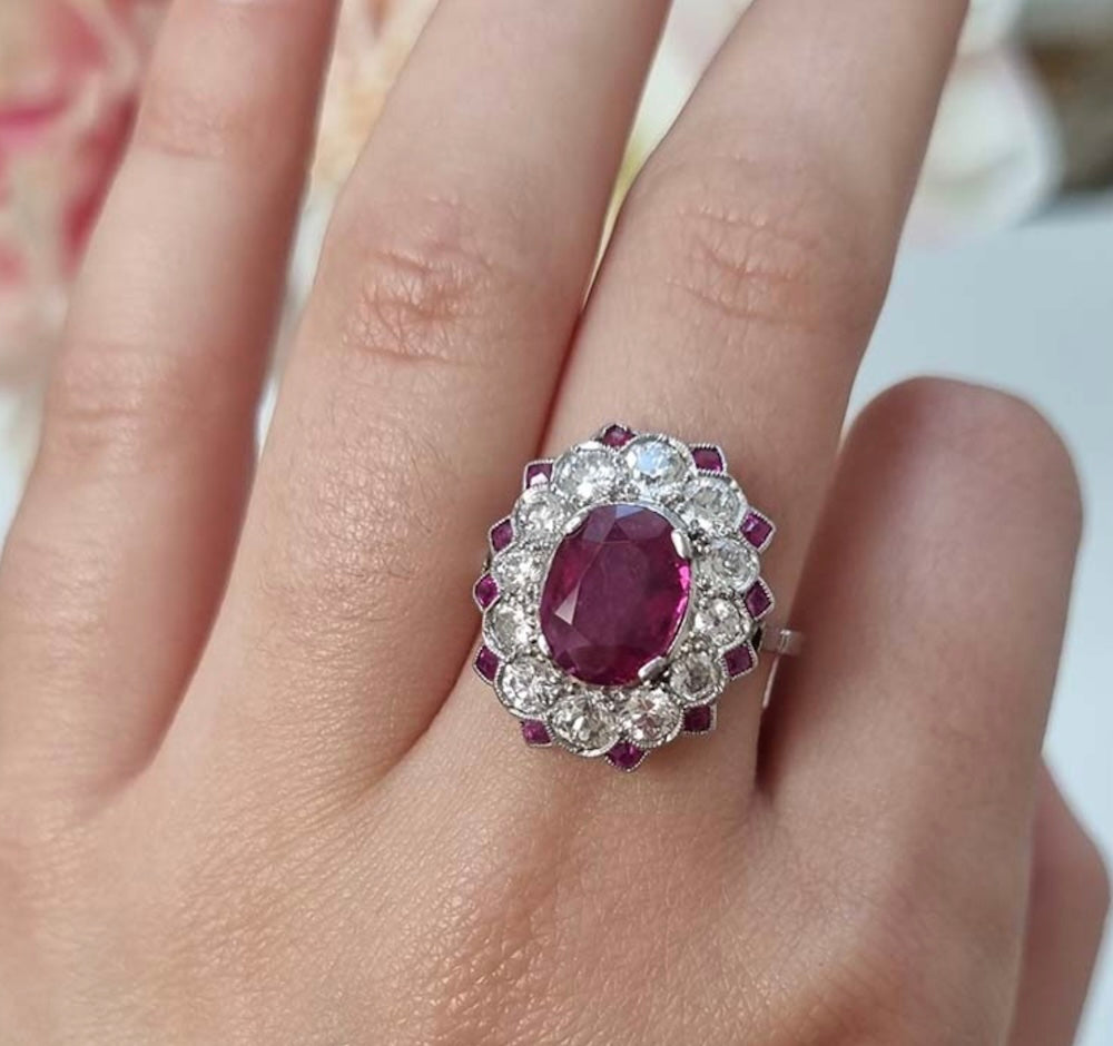 Vintage Burma No Heat Ruby and Diamond ring, Art Deco 1920's Cluster oval shape Large size