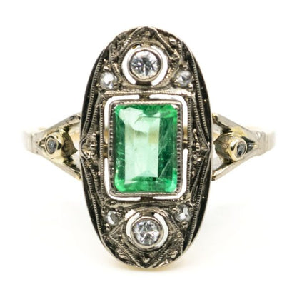 Vintage Art Deco Emerald and Diamond Gold Ring