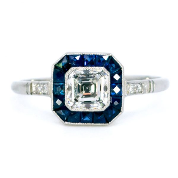 Vintage Asscher Cut Diamond and Sapphire Ring