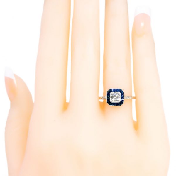 Vintage Asscher Cut Diamond and Sapphire Ring