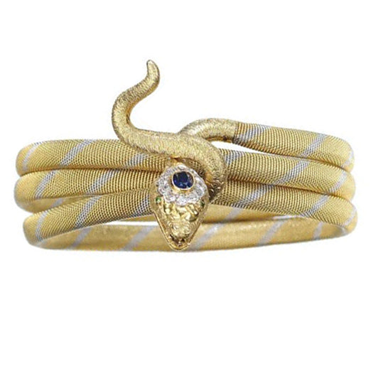 Vintage Bi Colour Gold Snake Bangle Bracelet with Sapphire and Diamond Cluster Head