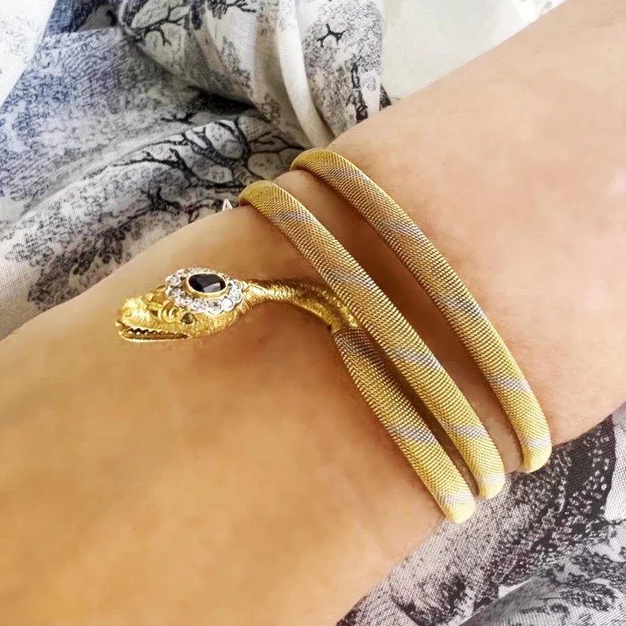 Vintage Bi Colour Gold Snake Bangle Bracelet with Sapphire and Diamond Cluster Head