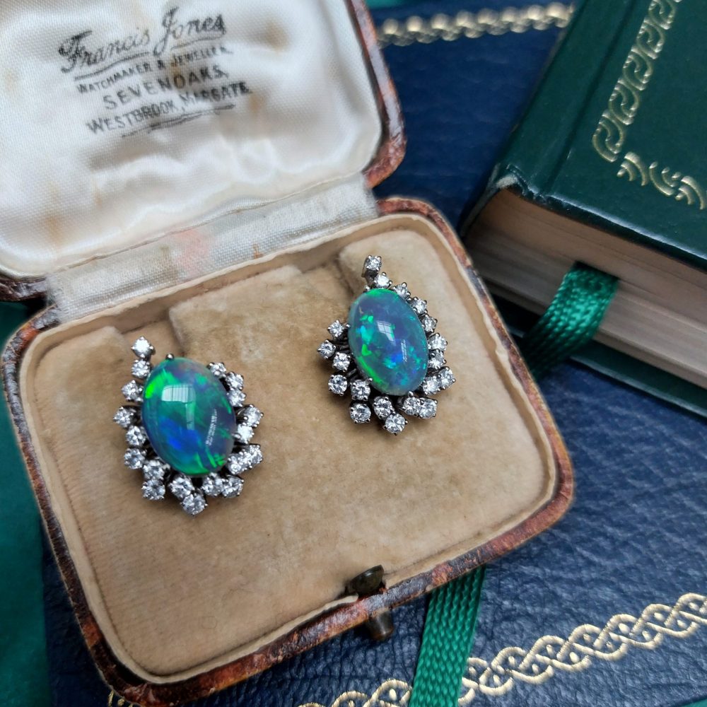 Vintage Black Opal and Diamond Earrings
