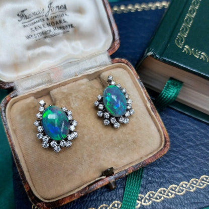 Vintage Black Opal and Diamond Earrings