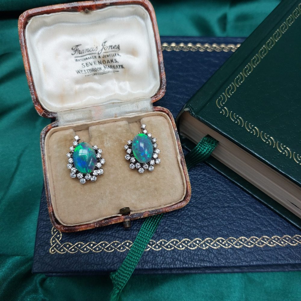 Vintage Black Opal and Diamond Earrings