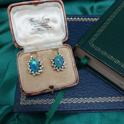 Vintage Black Opal and Diamond Earrings