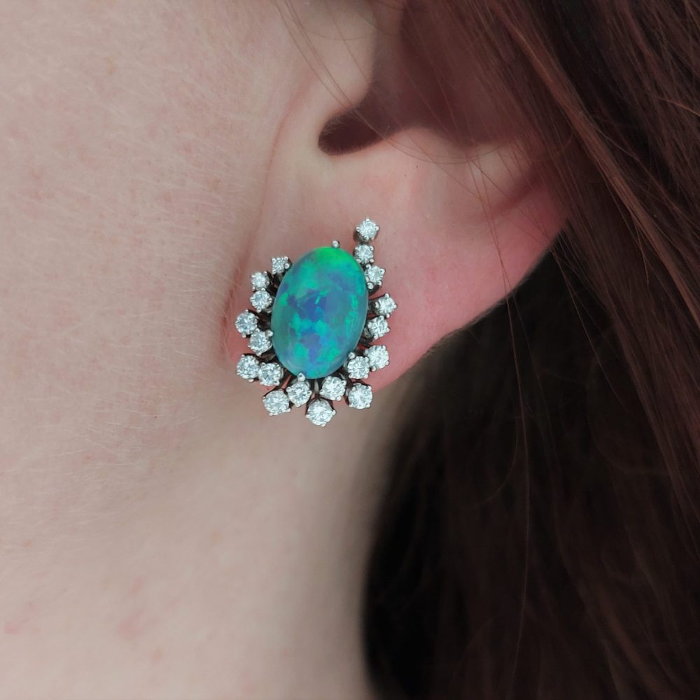 Vintage Black Opal and Diamond Earrings