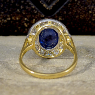 Vintage Cabochon Cut Sapphire and Diamond Cluster Ring