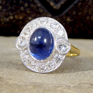 Vintage Cabochon Cut Sapphire and Diamond Cluster Ring