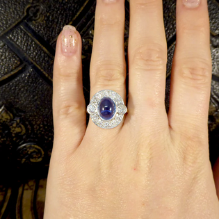 Vintage Cabochon Cut Sapphire and Diamond Cluster Ring