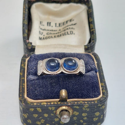 Vintage Cabochon Sapphire Two Stone and Diamond Ring