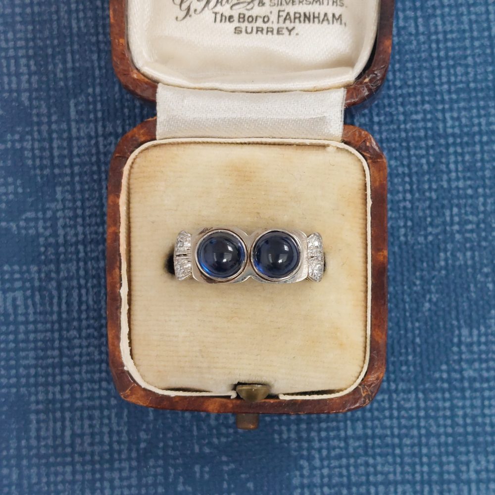 Vintage Cabochon Sapphire Two Stone and Diamond Ring