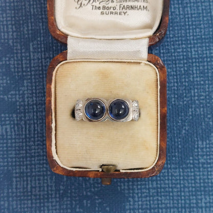 Vintage Cabochon Sapphire Two Stone and Diamond Ring