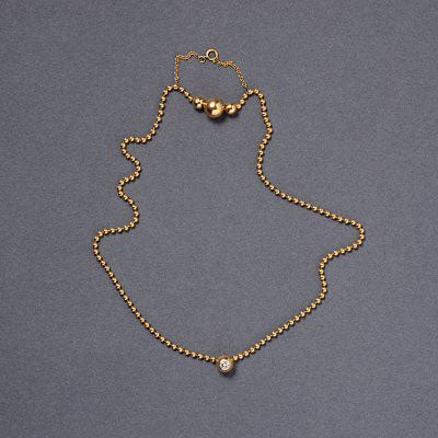 Vintage Cartier Diamond Solitaire Gold Ball Chain Necklace