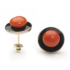 Vintage Coral and Onyx 18ct Gold Earrings