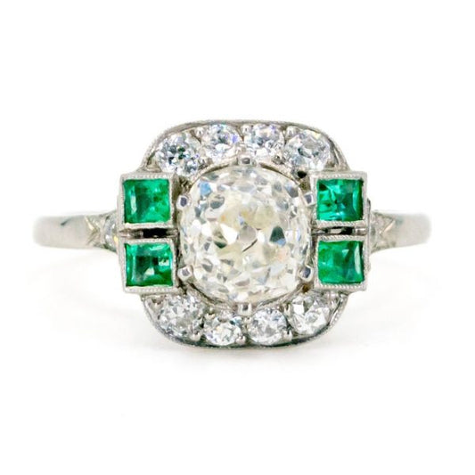 Vintage Cushion Cut 1.35ct Diamond & Emerald Platinum Ring
