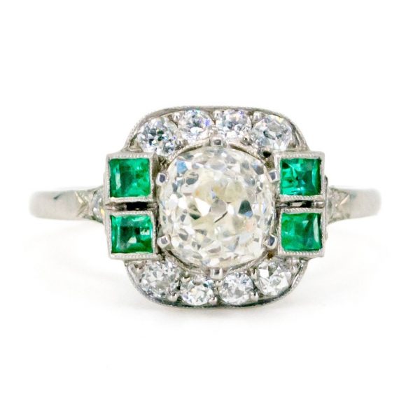 Vintage Cushion Cut 1.35ct Diamond & Emerald Platinum Ring