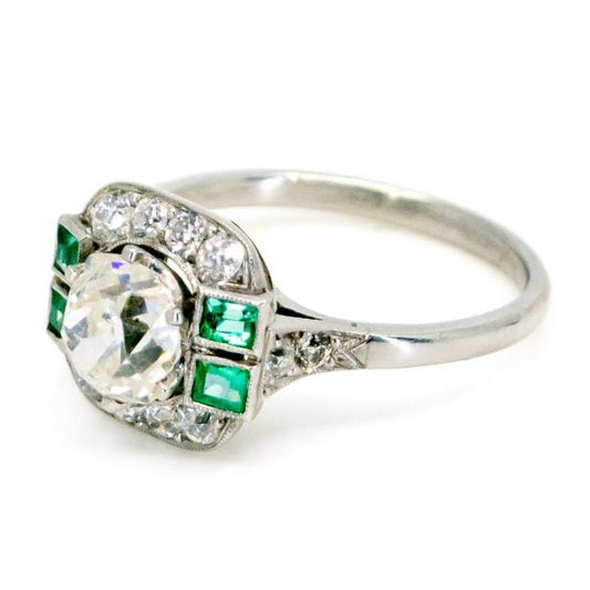 Vintage Cushion Cut 1.35ct Diamond & Emerald Platinum Ring
