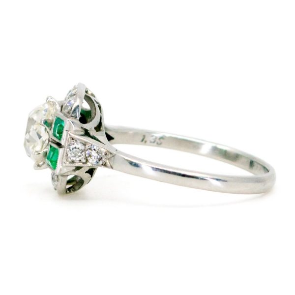 Vintage Cushion Cut 1.35ct Diamond & Emerald Platinum Ring
