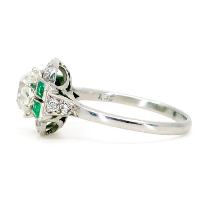 Vintage Cushion Cut 1.35ct Diamond & Emerald Platinum Ring