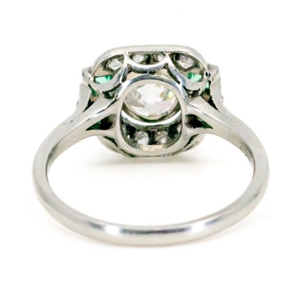 Vintage Cushion Cut 1.35ct Diamond & Emerald Platinum Ring