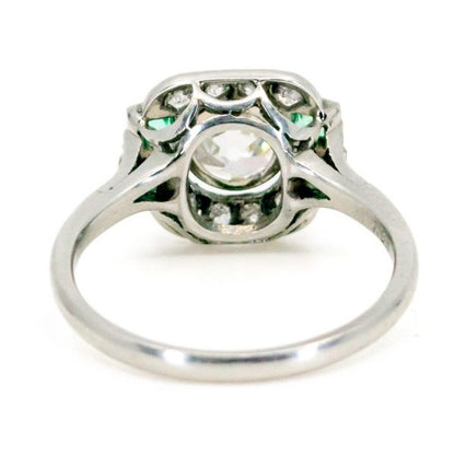 Vintage Cushion Cut 1.35ct Diamond & Emerald Platinum Ring