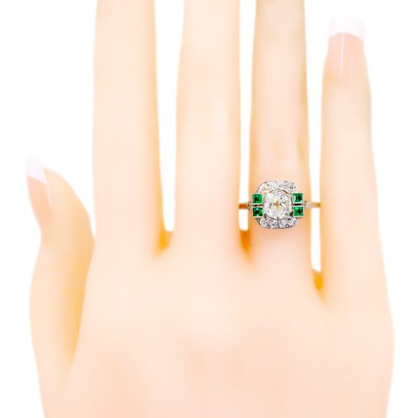 Vintage Cushion Cut 1.35ct Diamond & Emerald Platinum Ring