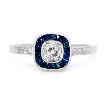 Vintage Cushion Cut Diamond and Sapphire Target Cluster Ring