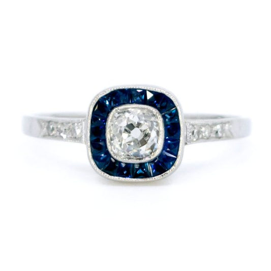 Vintage Cushion Cut Diamond and Sapphire Target Cluster Ring