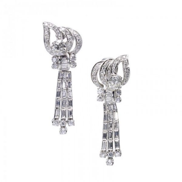 Vintage Diamond Platinum Drop Earrings, 5.35 Carats