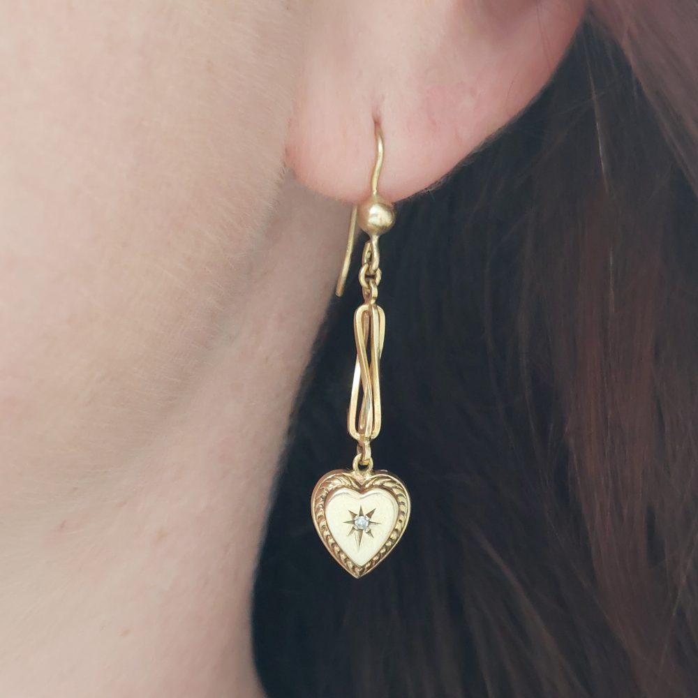 Vintage Diamond Set Heart Drop Earrings