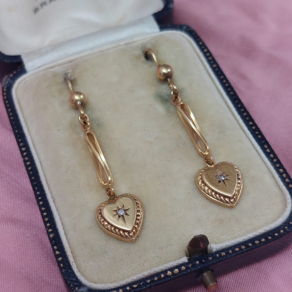 Vintage Diamond Set Heart Drop Earrings