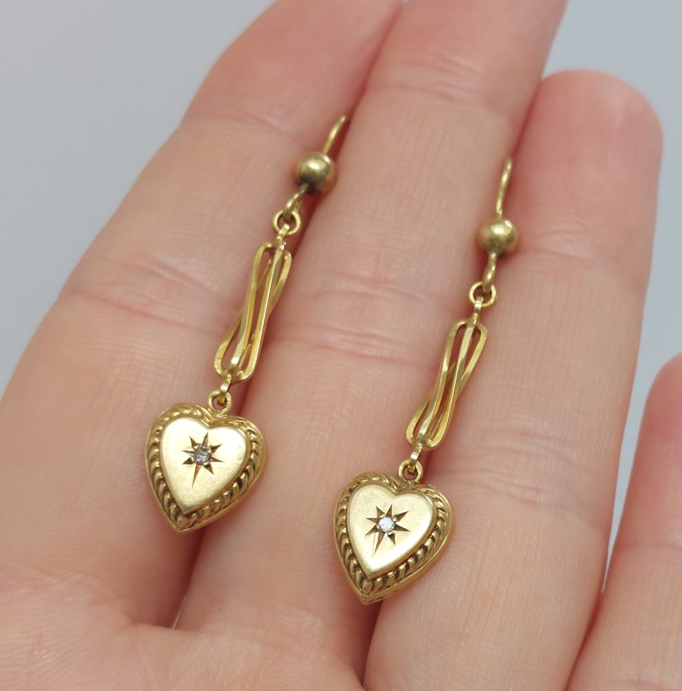 Vintage Diamond Set Heart Drop Earrings