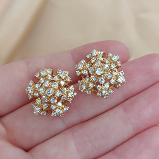 Vintage Yellow Gold Diamond Set Snowflake Earrings, 2.30ct