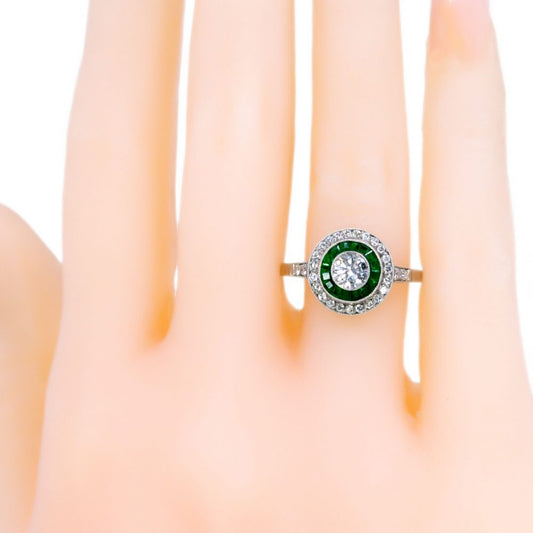 Vintage Diamond and Emerald Target Cluster Ring