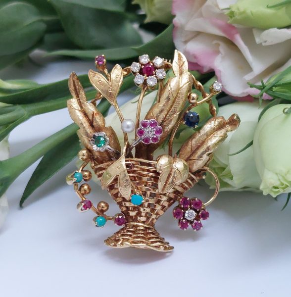 Vintage Diamond and Gem Set Jardiniere Brooch