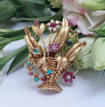Vintage Diamond and Gem Set Jardiniere Brooch